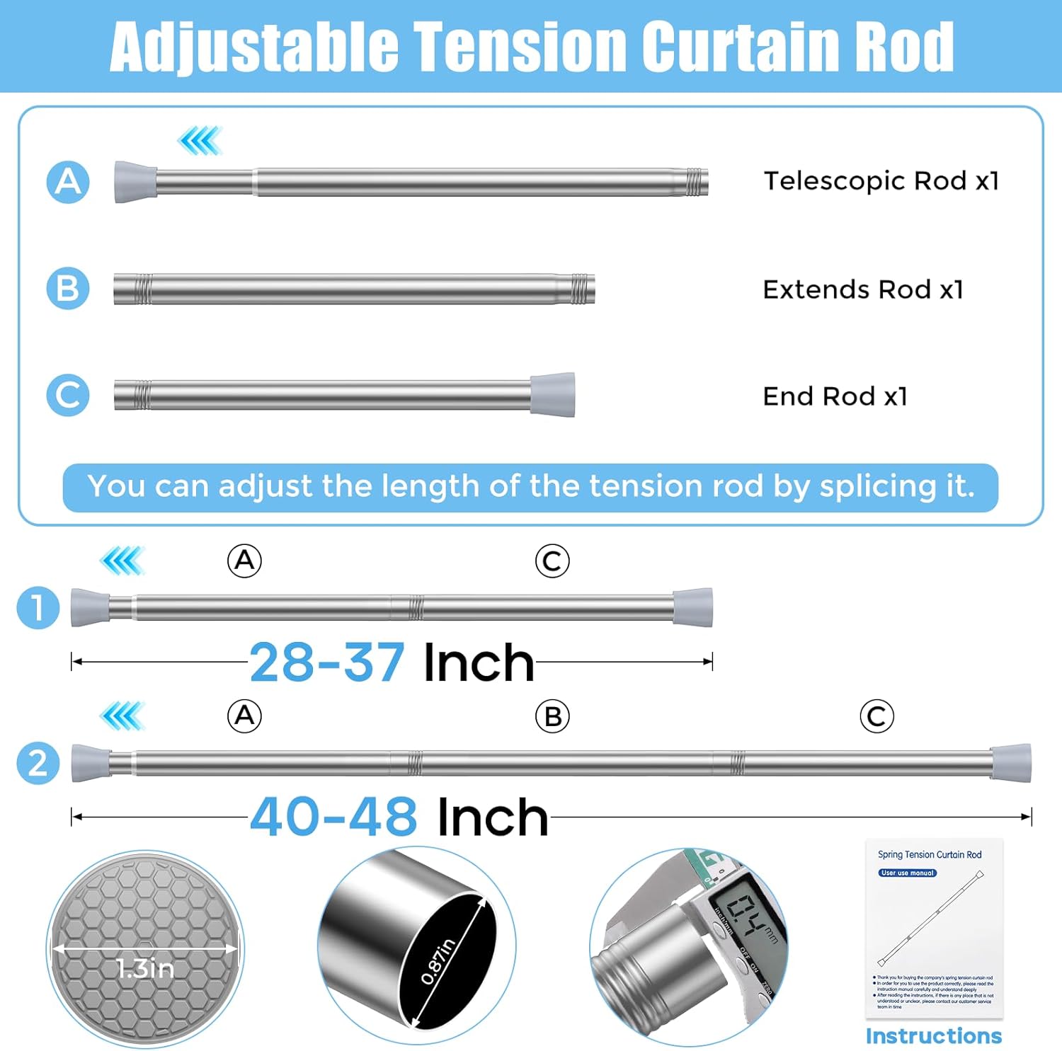 AIZESI Tension Curtain Rod Spring Tension Rods for Windows 28 to 48 Inch, 7/8 Diameter Silver, Adjustable Curtain Rods No Drilling, Shower Curtian Rod for Bathroom, Doorway, Closet